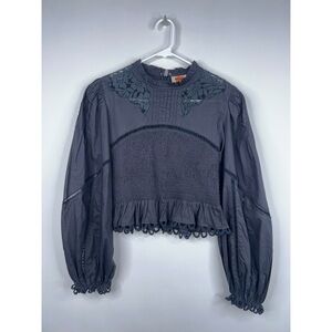 Farm Rio Black Lace Smocked Blouse Long Sleeve Ruffle Eyelet Crop Top Size XS